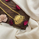 Vriksham Antique Gold-Plated Lotus Motif Temple Pendant Chain Necklace-Gold Drop Bead-G19591